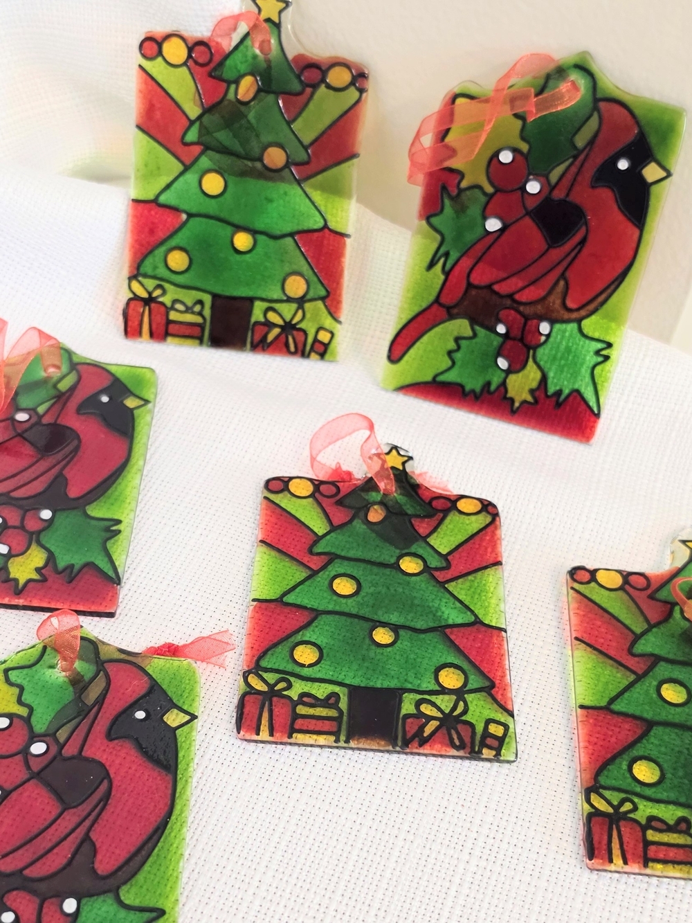 Slab Glass Christmas Ornaments Suncatchers Tree Cardinal Bird Hostess Gift